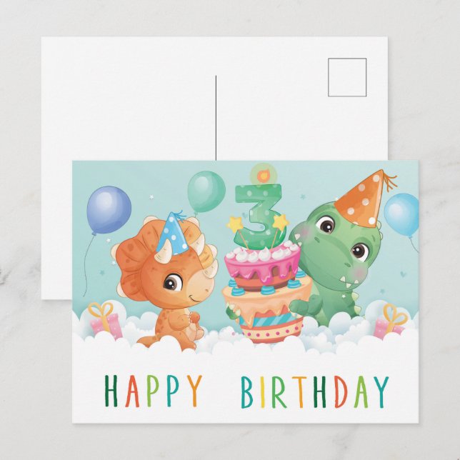Postale Cute dinosaure 3ème anniversaire carte (Devant / Derrière)