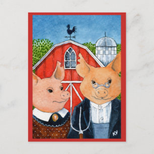 Postale Cute Funny American Gothic spog ferme porc carte p