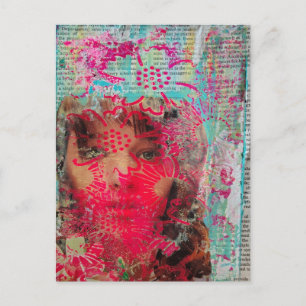 Postale Dame de fleurs Collage en techniques mixtes Carte