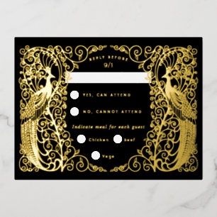 Postale De Vacances En Aluminium Black Art Déco Peacocks Gold Foil Carte Rsvp