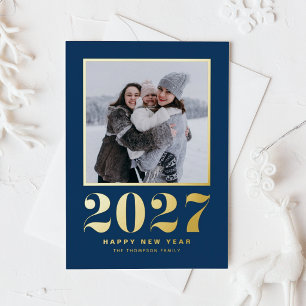 Postale De Vacances En Aluminium Carte photo Nouvel An 2027 typographie rétro bleu