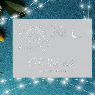 Postale De Vacances En Aluminium Crescent Firework Argent Foil Aïd Moubarak Carte