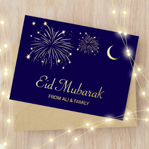 Postale De Vacances En Aluminium Crescent Firework Gold Foil Aïd Moubarak Carte