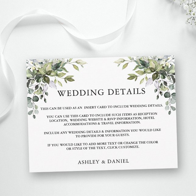 Postale Détails du mariage Carte d'insertion d'aquarelle v (Customize to change text color, text style or add text & photos to back of card.)