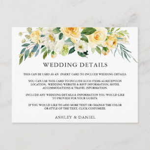 Postale Détails du mariage Carte d'insertion Florale Jaune