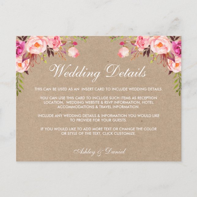 Postale Détails du Mariage rose Kraft Insérer une carte (Devant)