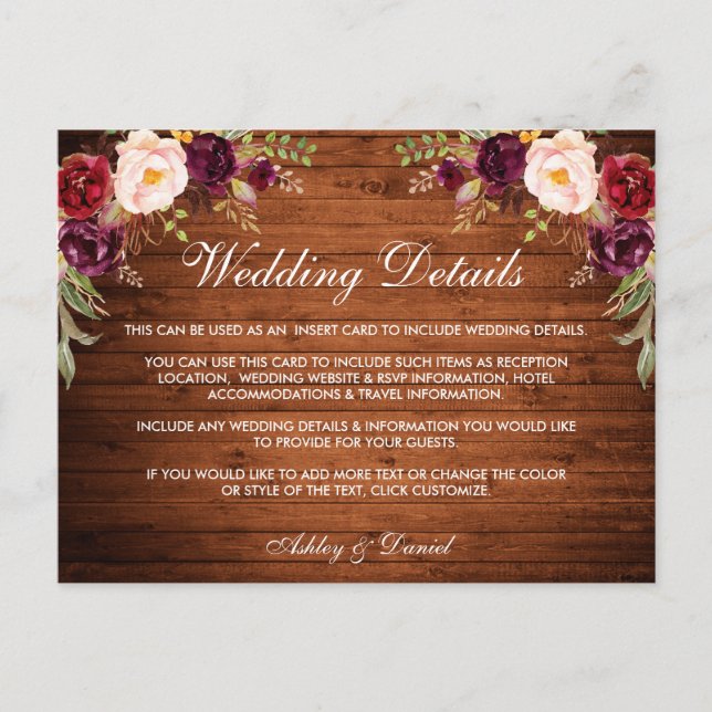 Postale Détails du Mariage rustique Carte Florale Bois Bou (Devant)