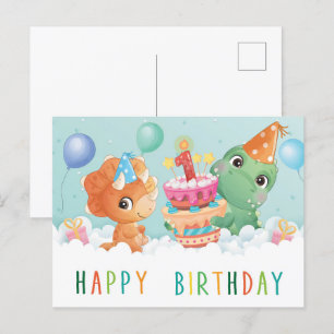 Postale dinosaure mignonne 1ère carte d'anniversaire