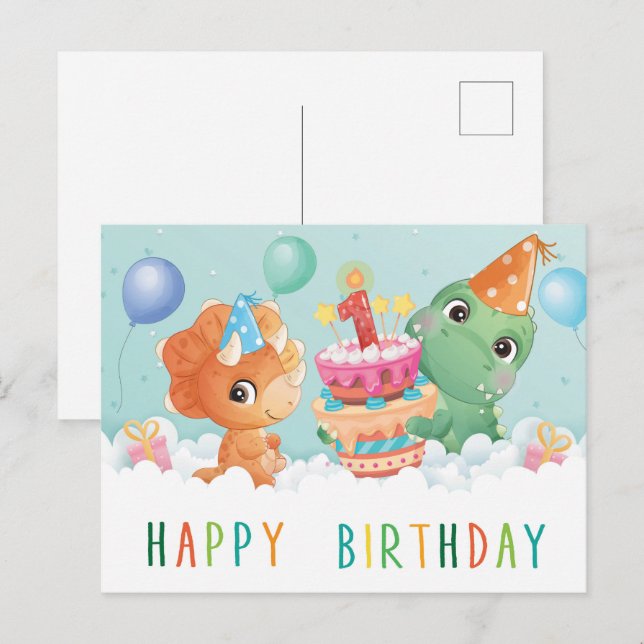 Postale dinosaure mignonne 1ère carte d'anniversaire (Devant / Derrière)