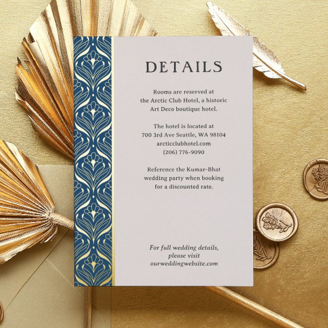 Postale D'invitation À Feuilles D'aluminium Art Deco Lotus Gold Détails Mariage Carte de boîti (art deco wedding details enclosure card, indian wedding invitation suite, gold foil hotel info card)