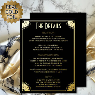 Postale D'invitation À Feuilles D'aluminium Black Gold Art Deco Détails du Mariage Carte de bo