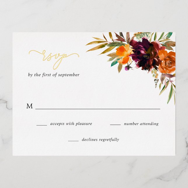 Postale D'invitation À Feuilles D'aluminium Burgundy Gold Fall Floral Rustic Wedding Carte RSV (Recto)