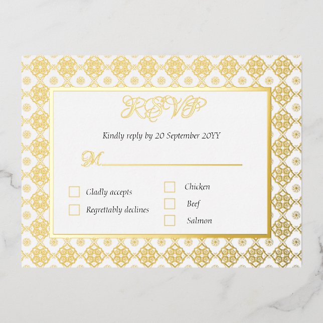 Postale D'invitation À Feuilles D'aluminium Carte de boîtier RSVP déchargée avec option de men (Recto)