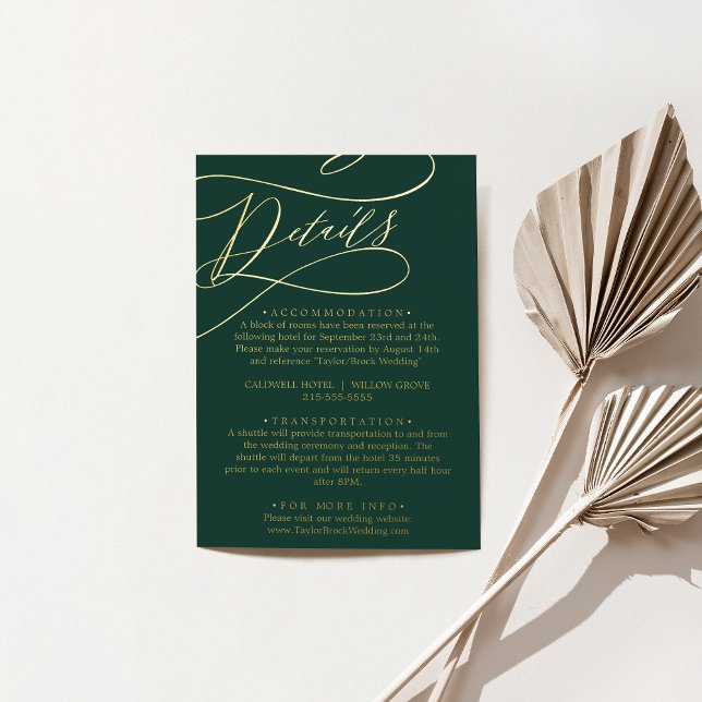 Postale D'invitation À Feuilles D'aluminium Carte de détails romantique Emerald Green et Gold  (Romantic Emerald Green and Gold Foil Details Card)