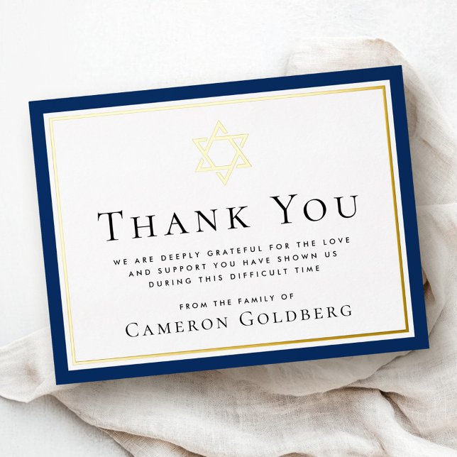 Postale D'invitation À Feuilles D'aluminium Carte de remerciements de sympathie bleu foncé (Jewish star foil dark blue sympathy thank you card)