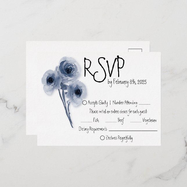 Postale D'invitation À Feuilles D'aluminium Carte de réponse de mariage Fleur Bleue Douce (Recto/Verso)