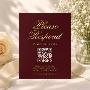 Postale D'invitation À Feuilles D'aluminium Carte de réponse de mariage Régence en or burgundy