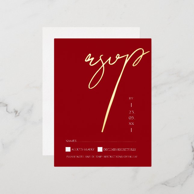 Postale D'invitation À Feuilles D'aluminium Carte de réponse de mariage simple rouge écriture  (Recto/Verso)
