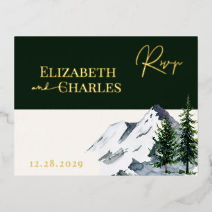 Postale D'invitation À Feuilles D'aluminium Carte de réponse de Noël d'hiver Arbres Montagnes