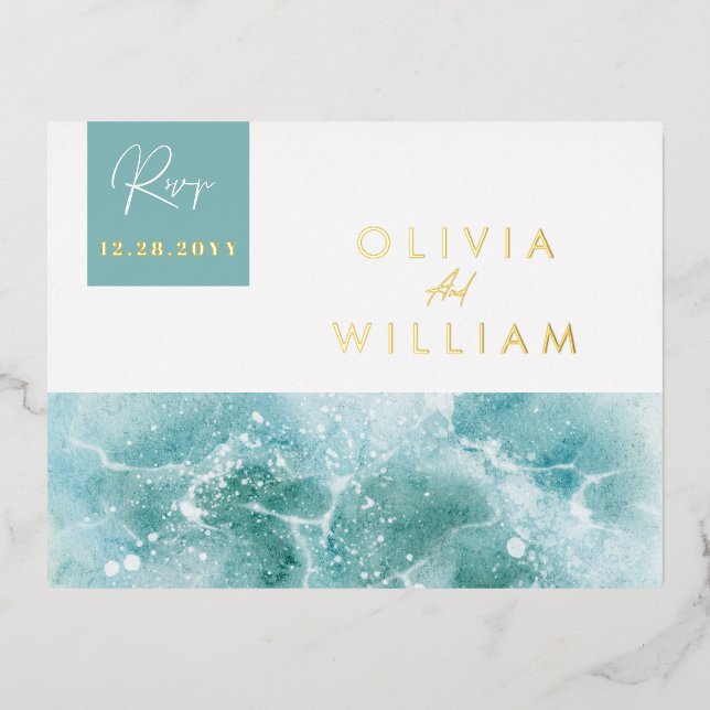 Postale D'invitation À Feuilles D'aluminium Carte de réponse pour mariage sur la plage avec va (Recto)