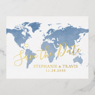 Postale D'invitation À Feuilles D'aluminium Carte du monde de mariage de destination Bleu Enre