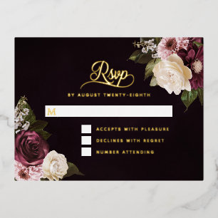Postale D'invitation À Feuilles D'aluminium Carte RSVP de mariage floral foncé Moody