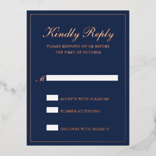 Postale D'invitation À Feuilles D'aluminium Carte RSVP de mariage officiel Rose bleu marine