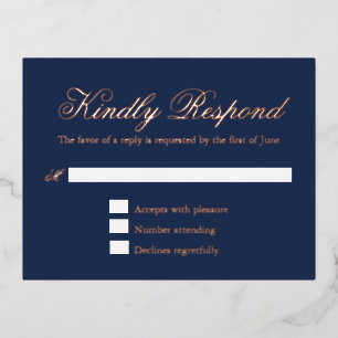 Postale D'invitation À Feuilles D'aluminium Carte RSVP Foil Mariage bleu de la marine traditio