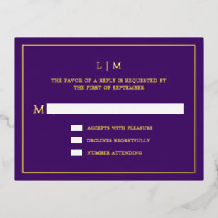 Postale D'invitation À Feuilles D'aluminium Carte RSVP Monogram Gold Foil Purple Wedple
