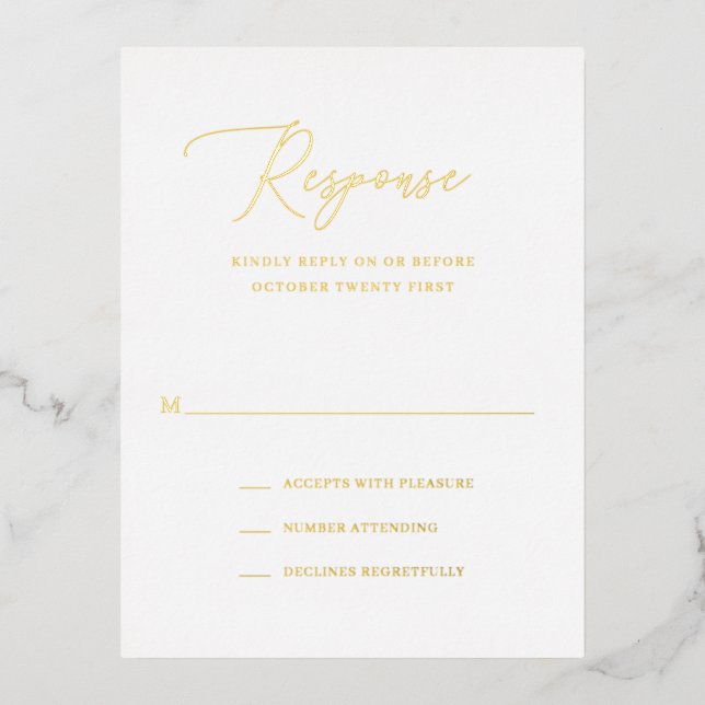 Postale D'invitation À Feuilles D'aluminium Carte RSVP simple Formal Elegant Gold Foil Mariage (Recto)