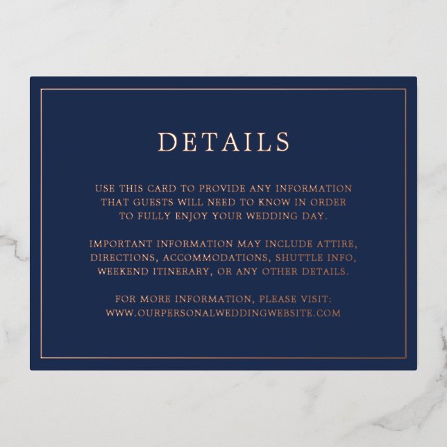 Postale D'invitation À Feuilles D'aluminium Carte simple Mariage bleu marine (Recto)