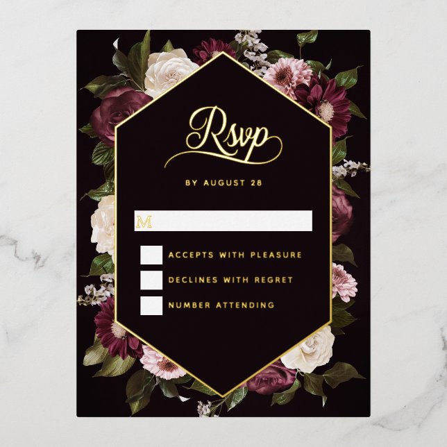 Postale D'invitation À Feuilles D'aluminium Dark Moody Floral Wedding Carte RSVP Gold Foil (Recto)