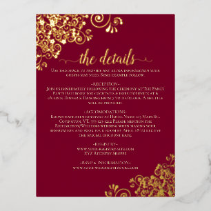 Postale D'invitation À Feuilles D'aluminium Elegant Burgundy & Gold Foil Mariage Détails Carte
