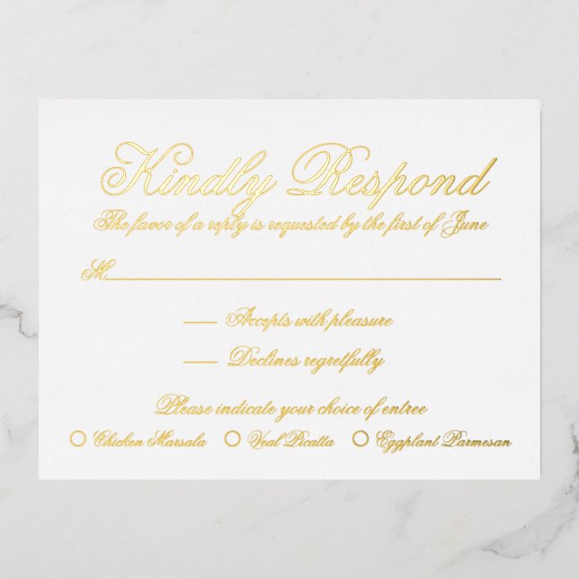 Postale D'invitation À Feuilles D'aluminium Elégant Formal Gold Foil Mariage Carte RSVP (Recto)