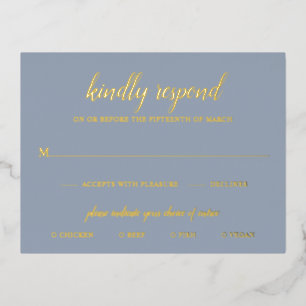 Postale D'invitation À Feuilles D'aluminium Elégant Gold Foil Dusty Blue Wedding Carte RSVP