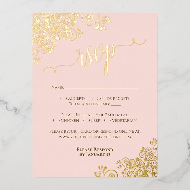 Postale D'invitation À Feuilles D'aluminium Elégant Gold Foil sur Blush Pink Wedding Carte RSV (Recto)