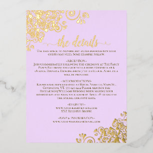 Postale D'invitation À Feuilles D'aluminium Fancy Lilac Purple Gold Foil Mariage Détails Carte