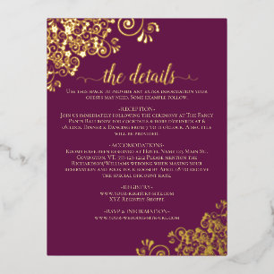 Postale D'invitation À Feuilles D'aluminium Fancy Magenta Plum Gold Foil Mariage Détails Carte