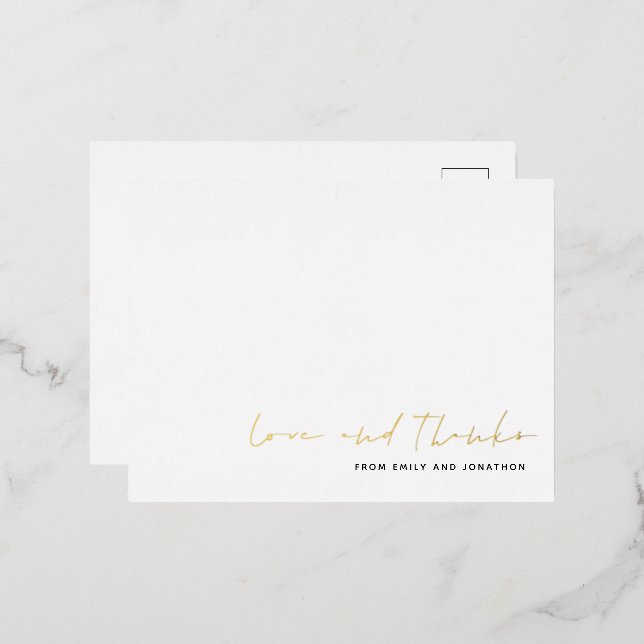 Postale D'invitation À Feuilles D'aluminium Nom de script Mariage Love Thanks Real Foil Carte  (Recto/Verso)