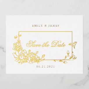 Postale D'invitation À Feuilles D'aluminium script floral romantique enregistrer la date carte