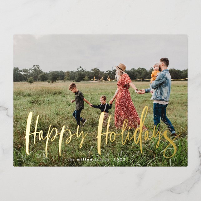 Postale D'invitation À Feuilles D'aluminium script lunatique photo joyeuse carte de vacances (Recto)