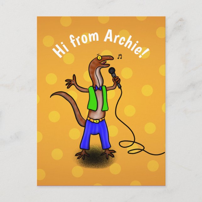 Postale Drôle lézard chantant caricature vert violet carte (Devant)