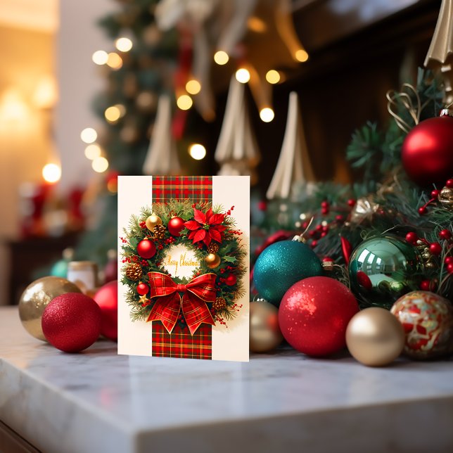 Postale Elégante carte de voeux de Noël avec couronne de N (Classic Plaid Holiday Wreath Christmas Postcard)