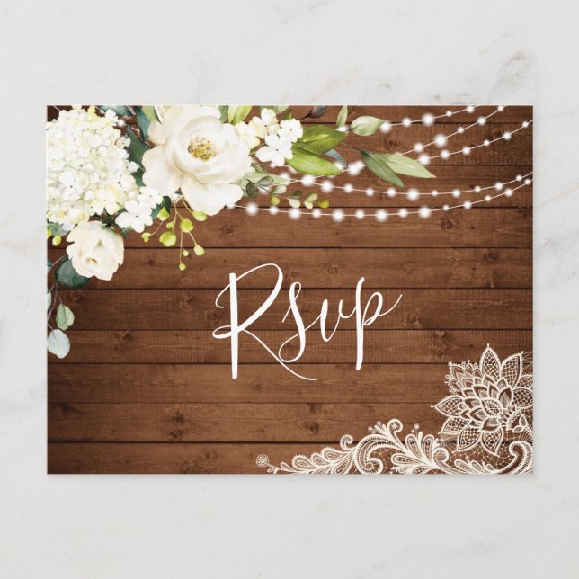 Postale Elégante Roses Blanches Mariage rustique Carte RSV (Devant)
