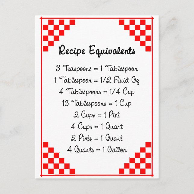 Postale Équivalents de recettes Mesures de cuisine Carte p (Devant)