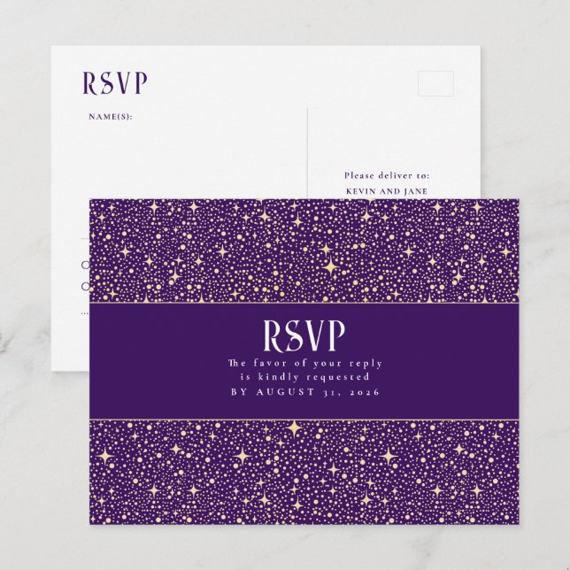Postale Étoiles de nuit Carte de réponse au mariage violet (Devant / Derrière)