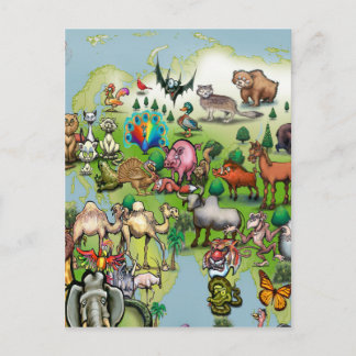 Postale Europe Asie Animaux Carte du monde