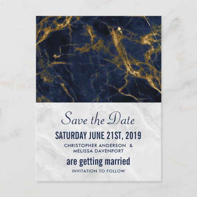 Postale Événement mariage moderne bleu marine et or, carte (Devant)