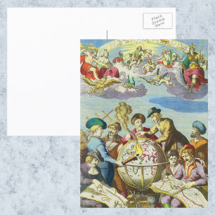 Postale Explorateurs vintages avec carte du monde antique,