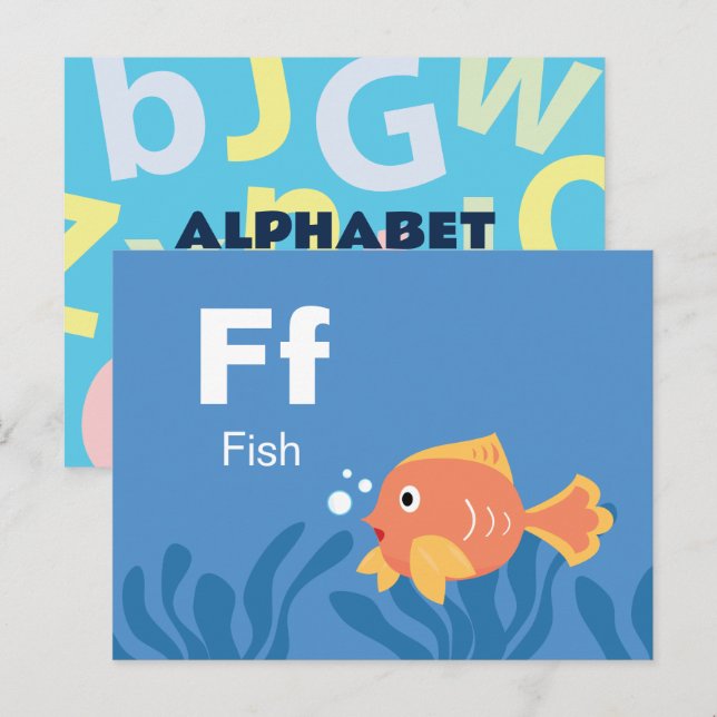 Postale F est pour le poisson - Carte Flash Alphabet (Devant / Derrière)
